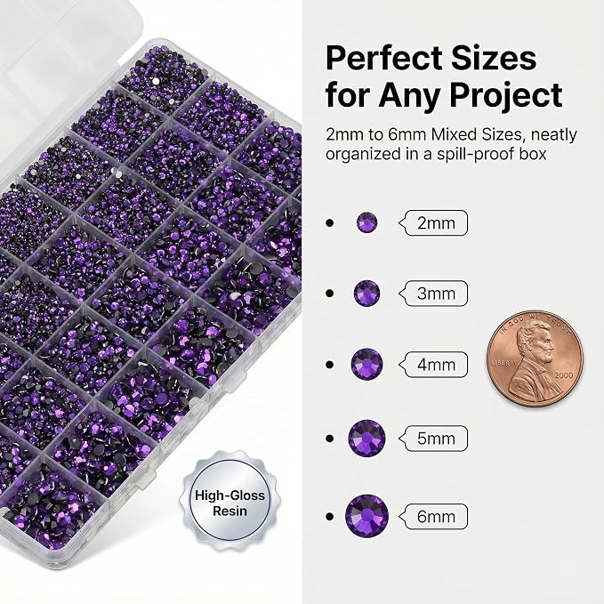 36000Pcs Purple Rhinestones for Bedazzling, Mixed Sizes 2-6MM Flatback Gems - Image 3