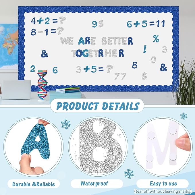 221 Pcs Classroom Bulletin Board Letters Colorful Alphabet Cutouts Number and Punctuation Symbol Combo Letter Cutouts for Wall Chalkboard Poster Board Decor(Blue Glitter Round)