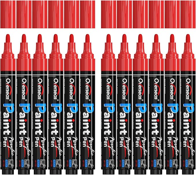 Overseas 12 Pack Red Acrylic Paint Pens Permanent Markers, Medium Tip | by Overseas