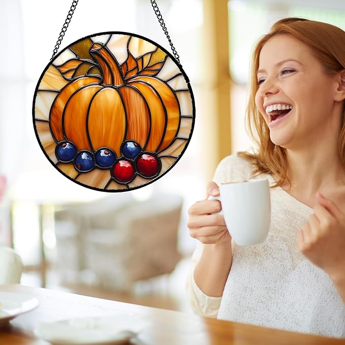 DASTOLL Stained Glass Window Hanging Fall Pumpkin Berries 9.8" - Image 4
