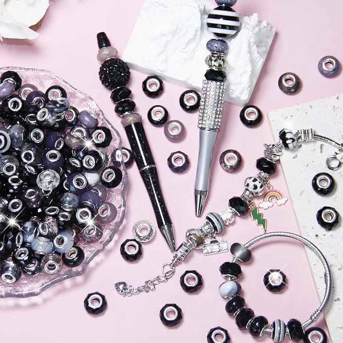 150Pcs Large Hole Beads Spacer Beads Black Assorted European Craft Big Beads - Image 3