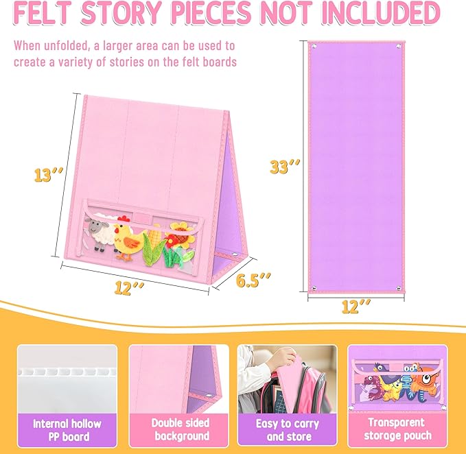 Foldable Felt Board - Double-Sided Flannel Story Board for Preschool Learning, Interactive Storytelling & Play | 33" x 12" Portable Felt Play Board for Home & Classroom Use (Pink)