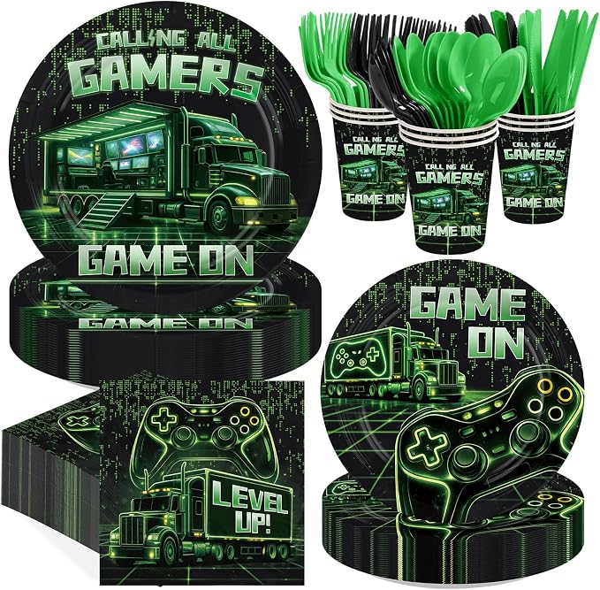 168 Pcs Video Game Birthday Party Decorations Neon Green Gaming Truck Plates by Greencian