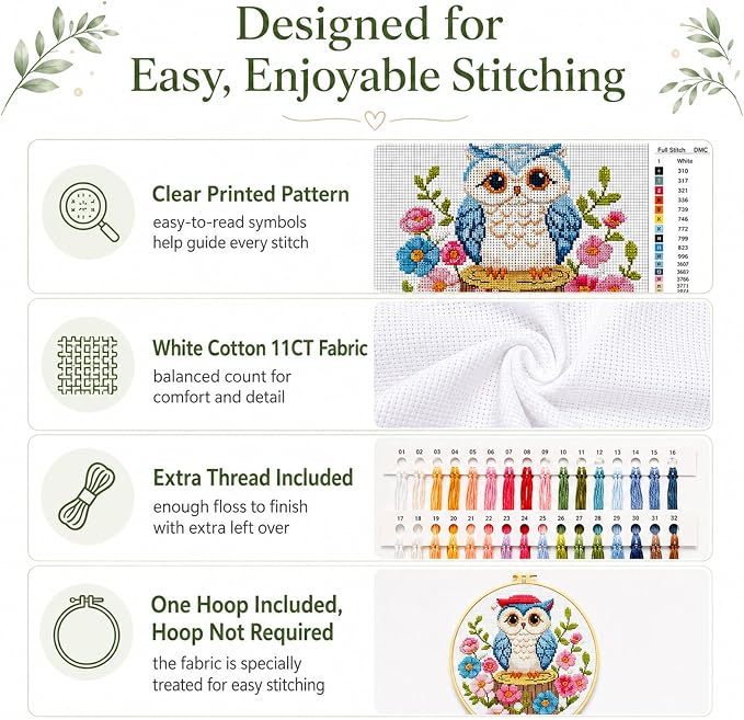 Zhenqing 3-Piece Owl Cross Stitch Kit Stamped Embroidery Kit 11CT Printed Aida - Image 7