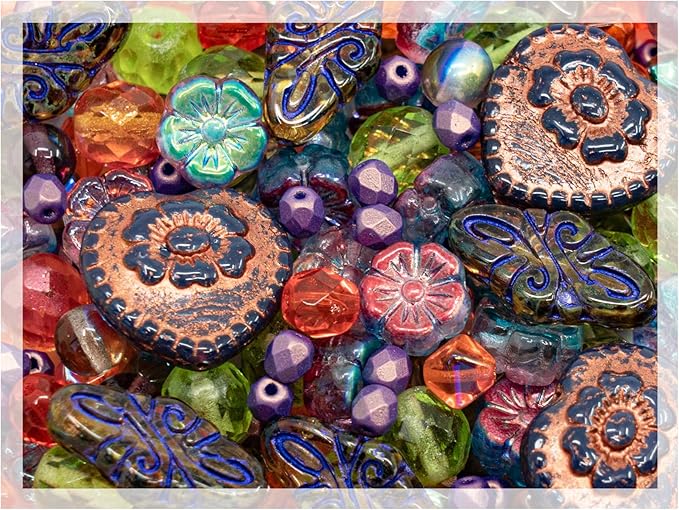 2.1oz (60 g) Mix of Unique Czech Bohemia Glass Pressed Beads, Crazy Purple Green Copper, Table Cut, Matte and Glossy, Faceted Fire Polish, Hand Made Set Kit BCV