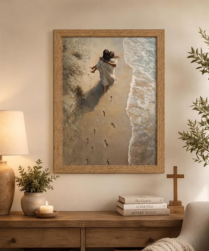 Framed Jesus Holding Woman Canvas Print Footprints in The Sand Wall Art Wood - Image 8
