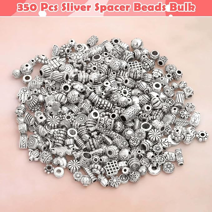 350 Pcs Silver Spacer Beads for Jewelry Making, Mixed Bulk Random Styles Metal - Image 2