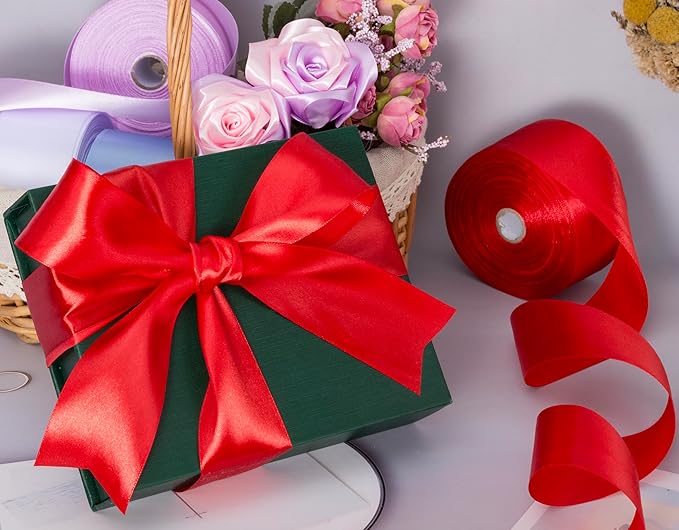 2 Inch Red Solid Satin Ribbon, 50 Yards Craft Fabric Ribbon for Gift Wrapping Floral Bouquets Wedding Party Decoration