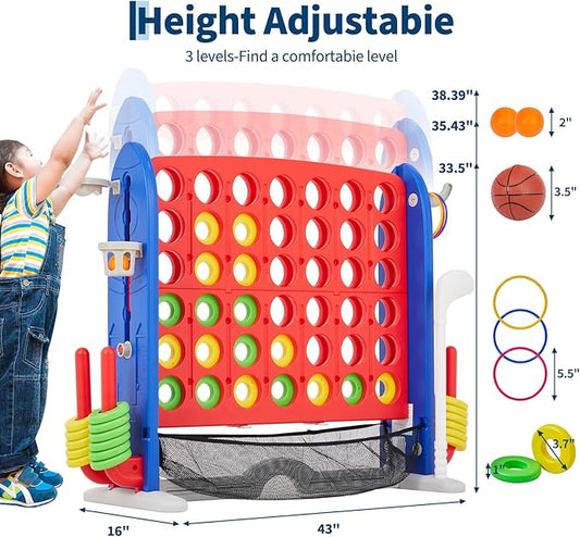 Giant 4 in a Row Game,Adjustable Height Board Jumbo 4-in-a-Row Game with Quick-Release Slider,Mini Basketball,Golf & Ring Toss Set for Family Party, Outdoor & Indoor