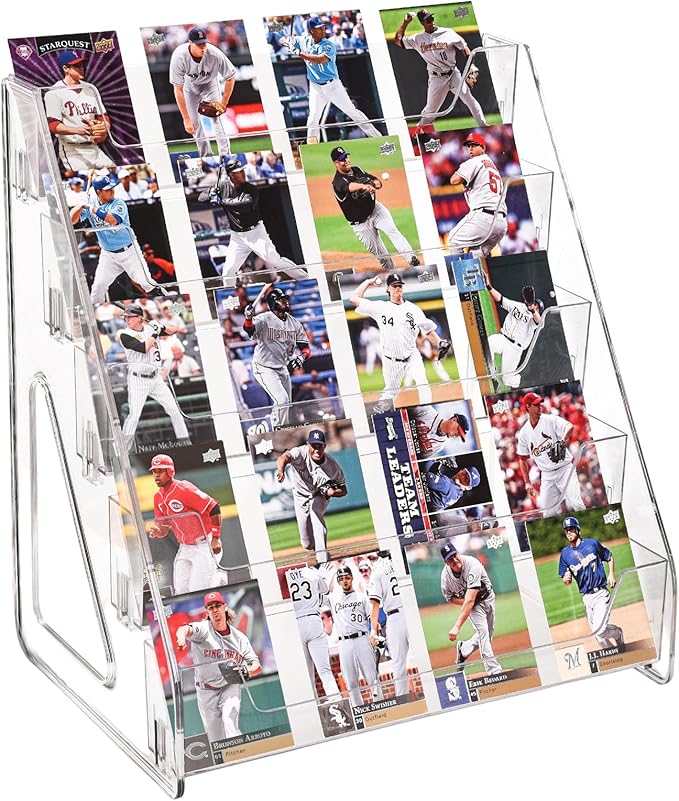 2 Pack Upgraded 5 Tier Acrylic Card Display Stand, Clear Display for Greeting Cards, Sports Cards, Postcards, Stickers & Brochures, Easy Snap-On, Increased Height & Thickness for Better Presentation
