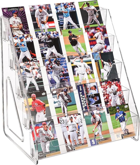 2 Pack Upgraded 5 Tier Acrylic Card Display Stand, Clear Display for Greeting Cards, Sports Cards, Postcards, Stickers & Brochures, Easy Snap-On, Increased Height & Thickness for Better Presentation