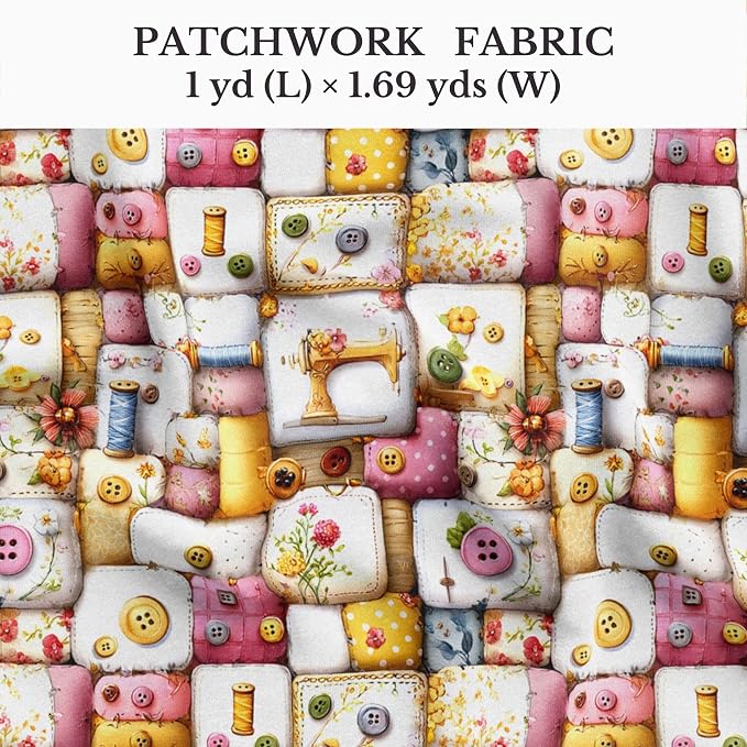 Vintage Sewing Notions Patchwork Cotton Fabric Panel 61 x 36.6 Inches, Buttons - Image 2