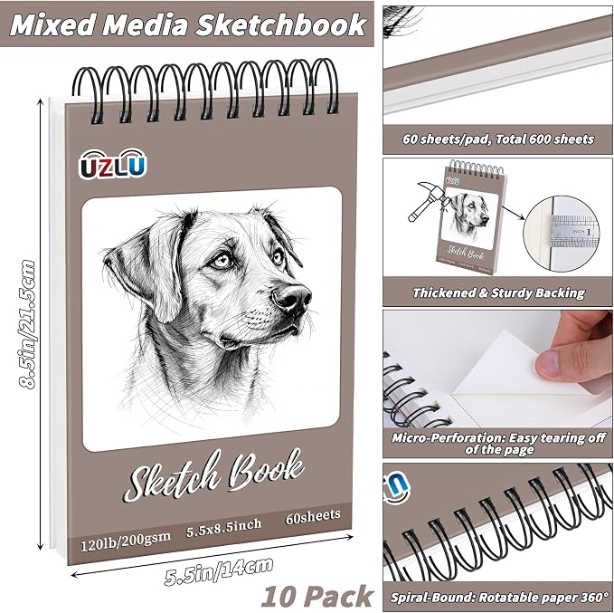 10 Pack 600 Sheets Heavyweight Sketchbook 5.5" x 8.5" 200GSM Very Thick Mixed - Image 2