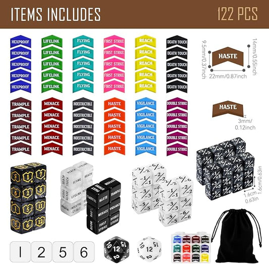 122PCS MTG Abilities Keyword Tokens Dice Counters Set for Magic The Gatering, MTG Buff Tokens Plus 1 Life Counters Dice, Compatible with CCG Creature Stats TCG Magic Card Gaming Accessories