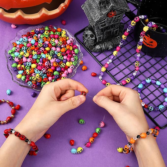 Augshy 700Pcs Halloween Skull Beads, Colorful Skeleton Skull Head Shape Beads - Image 3