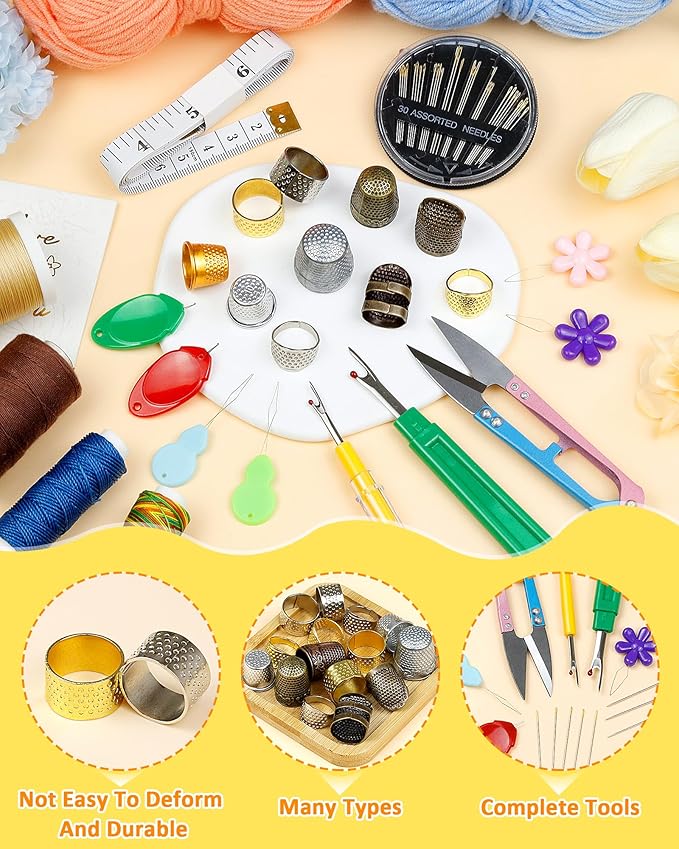 FIVEIZERO Thimble Kit– Sewing Thimbles for Hand Sewing, Metal Finger Protectors, Thimble Ring for Quilting, Includes Needle Threader, Embroidery Needles, Seam Ripper, Measuring Tape and Thread Snips
