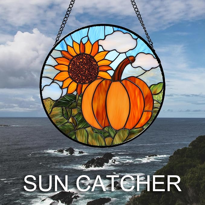 DASTOLL Stained Glass Window Hanging Fall Farm Scenery Sunflower Pumpkin Large - Image 2