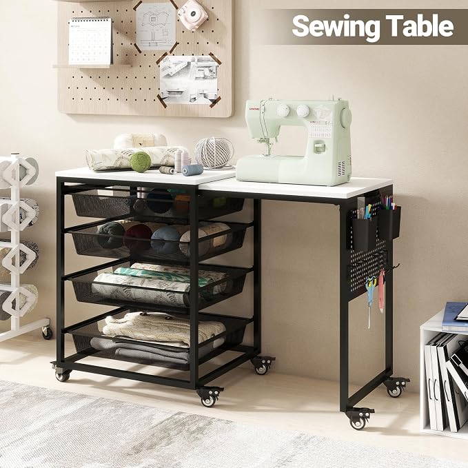 Craft Table with Wheels & Drawer, Extendable Cart with Pegboard, Arts and - Image 7