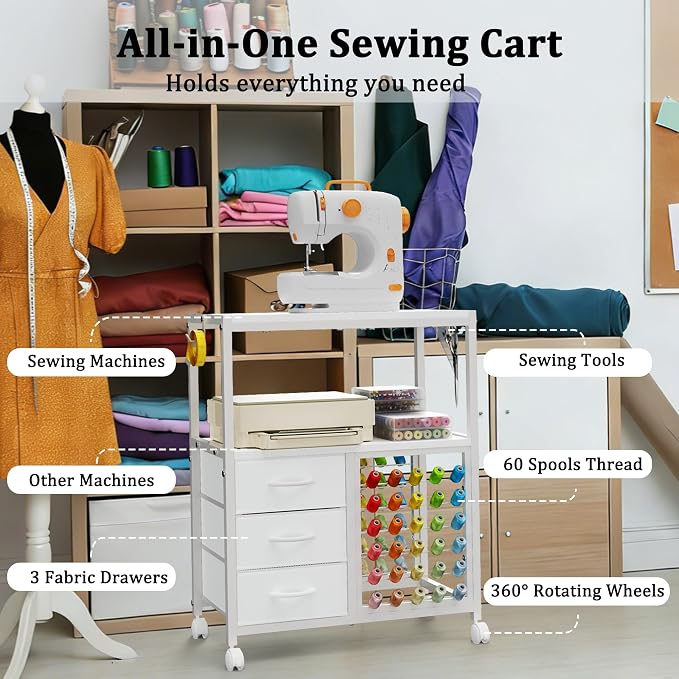 Sewing Table with 60 Spools Thread Holder and 3 Fabric Drawers, Rolling Sewing - Image 3