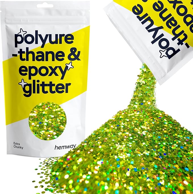 Hemway Polyurethane & Epoxy Resin Glitter 100g / 3.5oz Metallic Crystal Flake Additive for Flooring Jewelry Tumblers Glass Pigment - Extra Chunky (1/24" 0.040" 1mm) - Lime Green Holographic