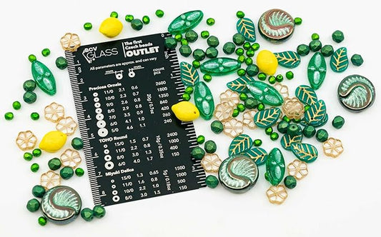 2.1oz (60g) of Focal Czech Glass Bead Mix with Lemon Shaped Beads, Seashel Beads and Leaf Beads, Emerald