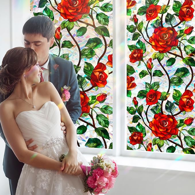 Bloss Rose Stained Glass Windows Film, 23.6x78.7inch 3D Flower Privacy Window - Image 2