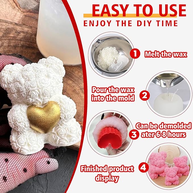 2PCS Rose Bear Silicone Mold,3D Teddy Bear Candle Making Molds,Silicone Epoxy Resin Mould,Ornament for DIY Wax Candle Art Craft Cake Chocolate Home Decor Valentine Gifts Birthday Gift（MINI）