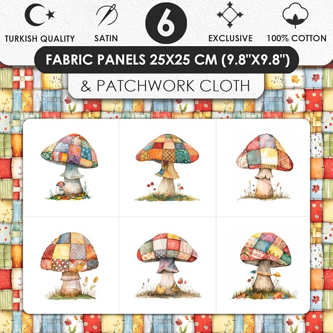 Patchwork Mushroom Cotton Fabric Panel – 6 Designs + Bonus Sheet 29.5×19.6 inch - Image 3