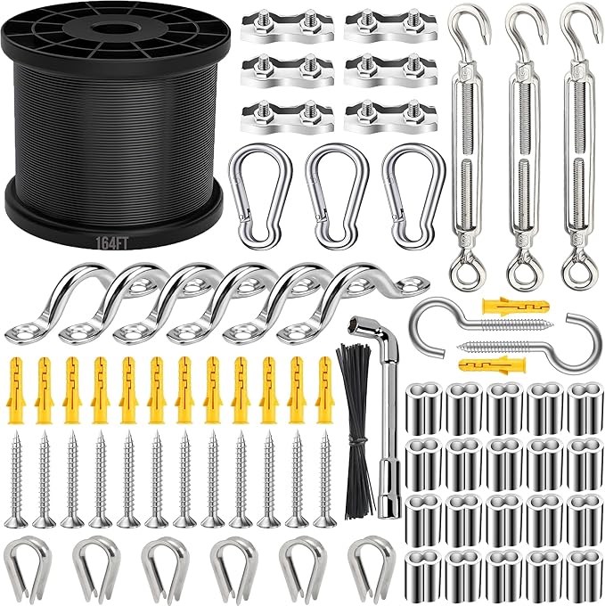 164FT Black Vinyl-Coated 304 Stainless Steel Cable – Heavy Duty String Lights Hanging Kit with Turnbuckle, Thimble & Hooks for Outdoor, Patio, Garden, Christmas Lights