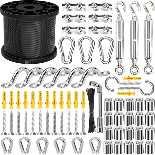 164FT Black Vinyl-Coated 304 Stainless Steel Cable – Heavy Duty String Lights Hanging Kit with Turnbuckle, Thimble & Hooks for Outdoor, Patio, Garden, Christmas Lights