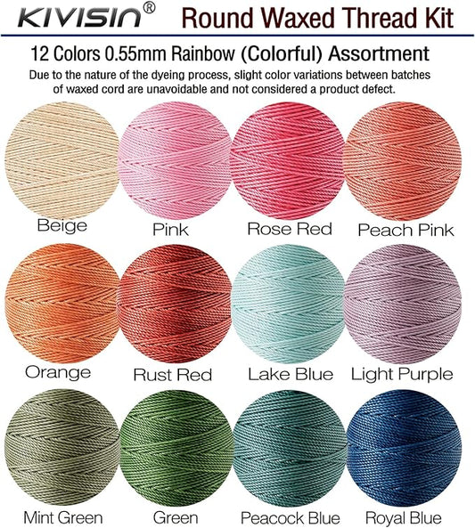 0.55mm Bonded Round Waxed Polyester Thread 76 Yards Each, 12 Rainbow Color Wax Coated String Thin Cord for Micro Macrame, Bracelets Braided, Leather Sewing, Stitching, Beading and Bookbinding