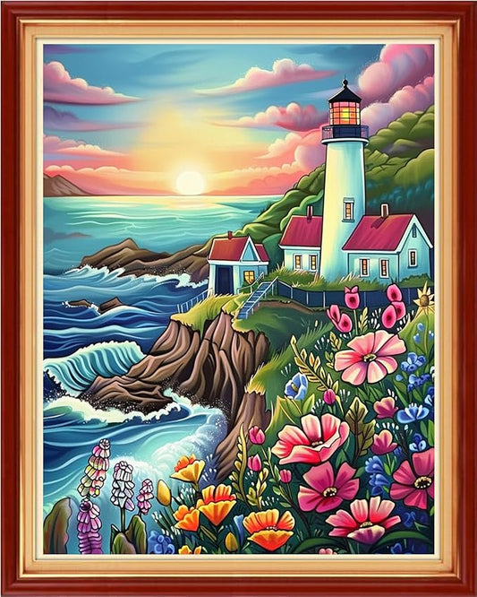 Funchey Stamped Cross Stitch Kits, DIY Cross Stitch Pattern for Adults Beginners Needlepoint Kits Embroidery Kit Arts and Crafts 11CT-Sunrise Seaside Lighthouse 16x20 inchs