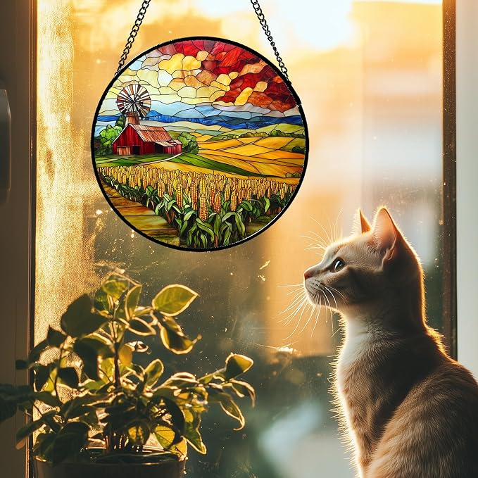 Stained Glass Window Hanging Autumn Farm Corn Harvest Landscape 9.8" - Image 3