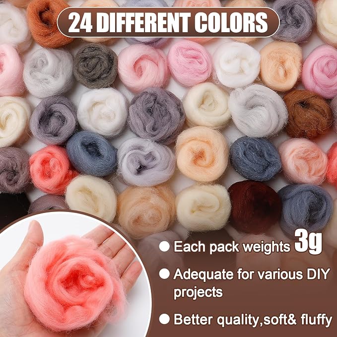 72pcs 7.6 oz Needle Felting Wool- 24 Colors Nature Wool Roving Yarn - Image 2