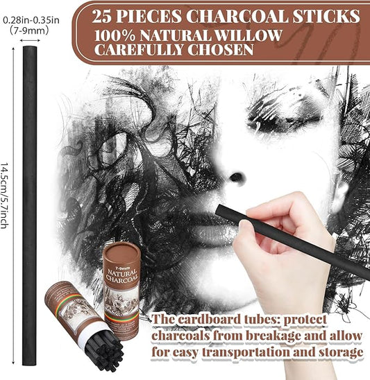 Gueevin 25 Pcs Willow Charcoal Sticks, Willow Charcoal, Artists, Beginners, Students, Perfect for Sketching, Drawing, Shading, and Fine Art Christmas Gifts for Art (7-9mm)