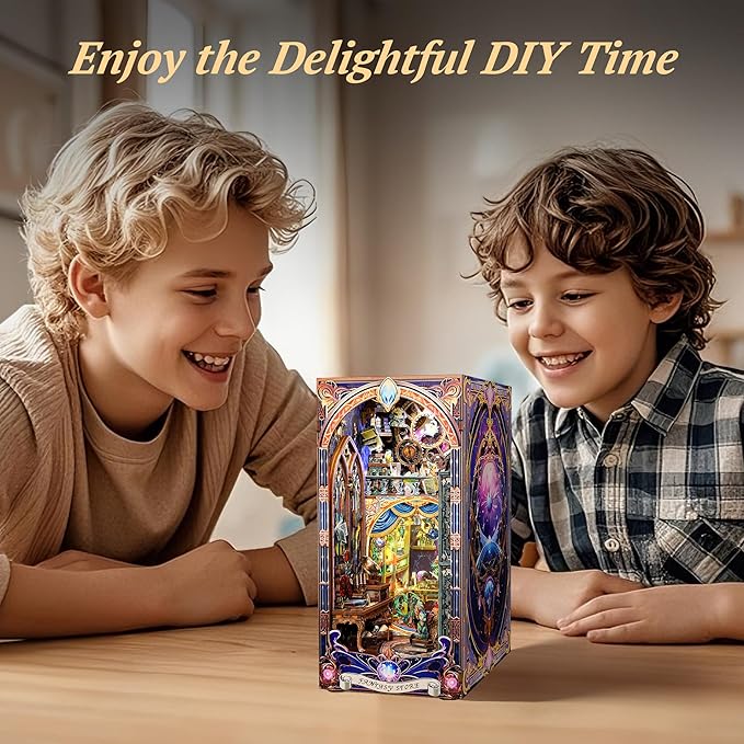 3D Wood Puzzle Book Nook Kit, Fantasy Store Bookshelf Insert with LED Lights, DIY Magical Miniature Bookend Décor for Display, Unique Craft Gift for Adults and Teens (Fantasy Store)