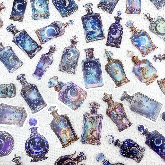 50PCS Lunar Phase Crystal Bottle Stickers – Clear Watercolor Moon & Star - Image 2