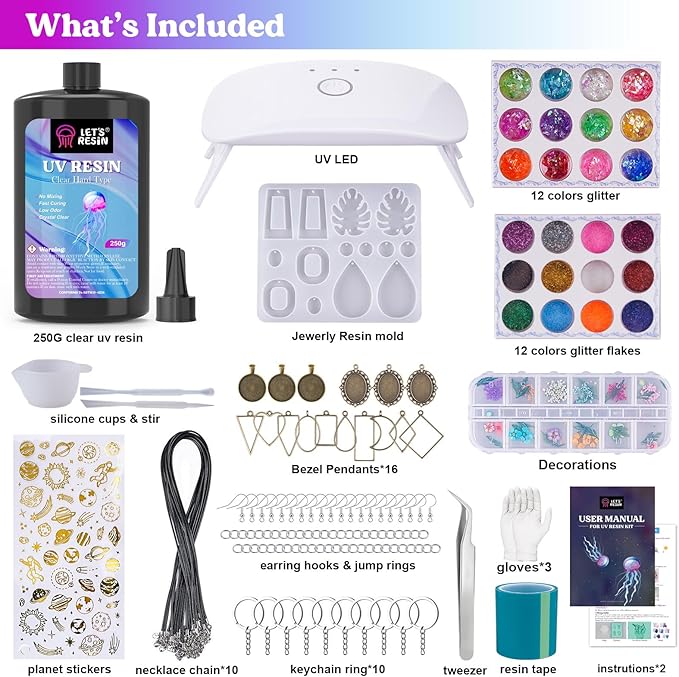 LET'S RESIN Jewelry Making Kit - 153Pcs Crystal Clear 250g UV Resin with UV Lamp,Jewelry Resin Molds, Starter kit for Keychain, Earring Making, Craft Decor