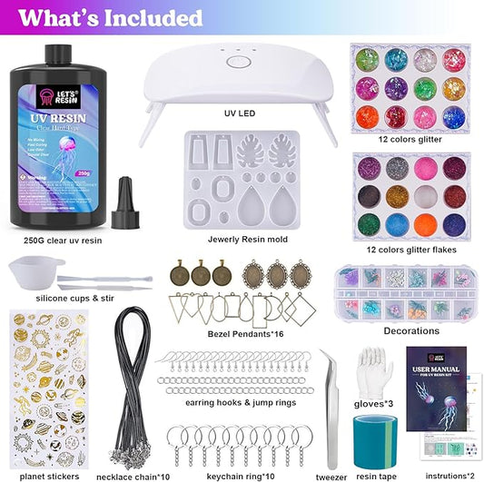 LET'S RESIN Jewelry Making Kit - 153Pcs Crystal Clear 250g UV Resin with UV Lamp,Jewelry Resin Molds, Starter kit for Keychain, Earring Making, Craft Decor