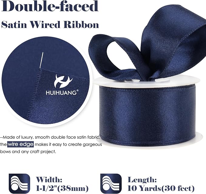 HUIHUANG Navy Blue Satin Wired Ribbon 1-1/2 inch Navy Double-Faced Satin Wire - Image 2