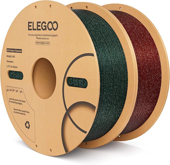 ELEGOO PLA Filament 1.75mm 2KG Sparkle Red & Green, Glitter Twinkling 3D Printer Filament Dimensional Accuracy +/- 0.02mm, 2pcs 1kg Spool(2.2lbs) Fits for Most FDM 3D Printers