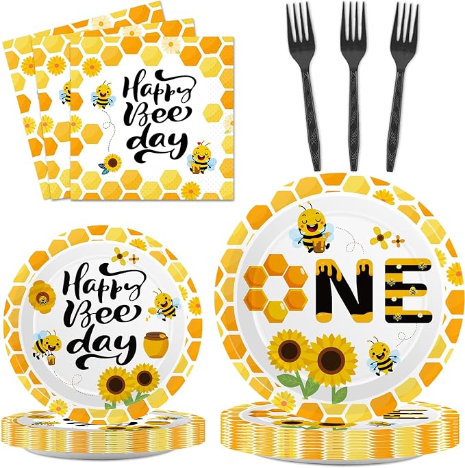 Qyeahkj 100 Pcs Bee 1st Birthday Party Supplies Paper Plates and Napkins Set by Qyeahkj