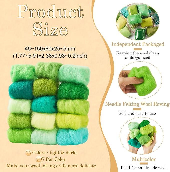 FASHEWELRY 2.65 oz Green Wool Roving - Image 2