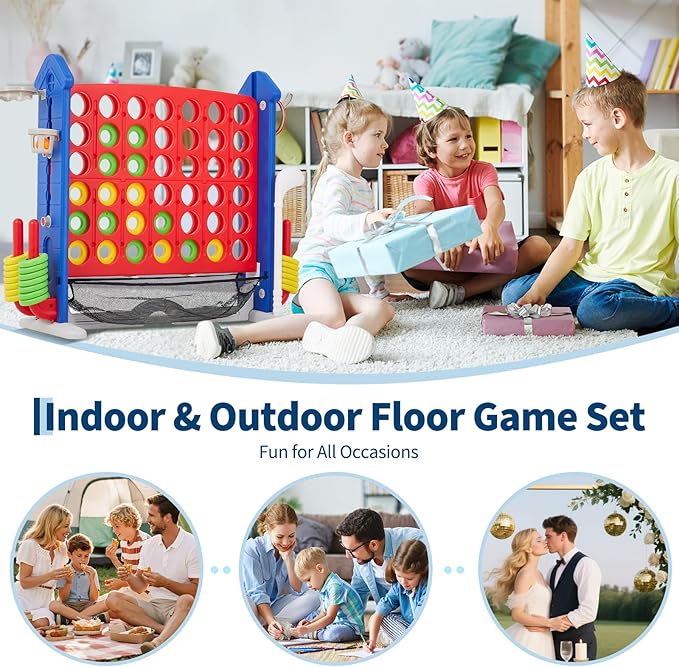 Giant 4 in a Row Game,Adjustable Height Board Jumbo 4-in-a-Row Game with Quick-Release Slider,Mini Basketball,Golf & Ring Toss Set for Family Party, Outdoor & Indoor