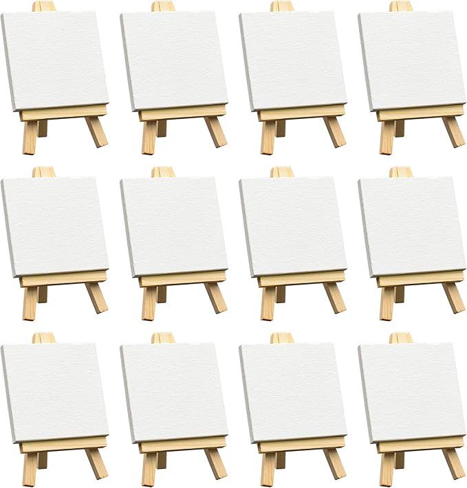 FIXSMITH 3x3 Inch Mini Stretched Canvas Easel Set- Bulk Pack of 12,Small Stretched White Blank Canvas Panels & Wood Easels for Painting Craft Drawing Decoration Gift Art Project DIY, Art Supplies