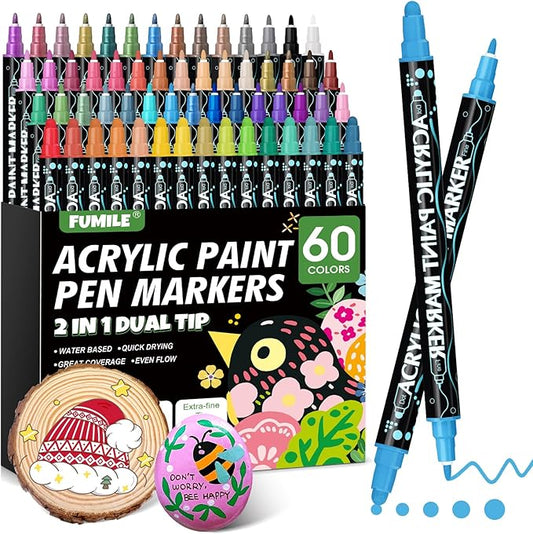 FUMILE 60 Colors Acrylic Paint Marker Dual Tip(Fine and Dot Tip), Paint Pens Acrylic Markers for Wood, Rock, Plastic, Glass, Ceramic, Canvas.Acrylic Markers Set for DIY Christmas Gifts and Art