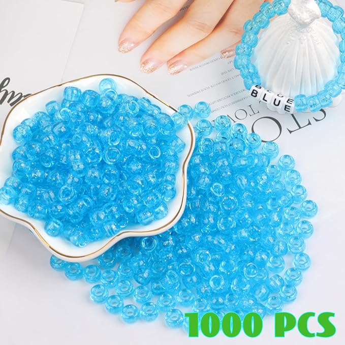 1000Pcs Pony Beads Bracelet 9mm Blue Glitter Plastic Barrel Pony Beads - Image 3