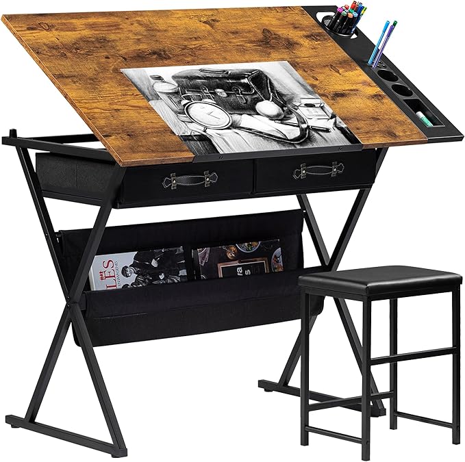 VECELO Drafting Table Art Desk Art Table Adjustable Drawing Table Tilted by VECELO