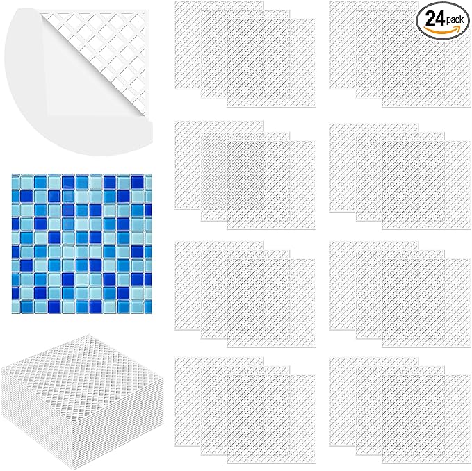24 Pcs Mosaic Grid Tile Mesh with Adhesive Backing, 12x12 Inch Alkaline Resistant Fiberglass Sheets for DIY Installation, Crafts, Bathroom, Kitchen