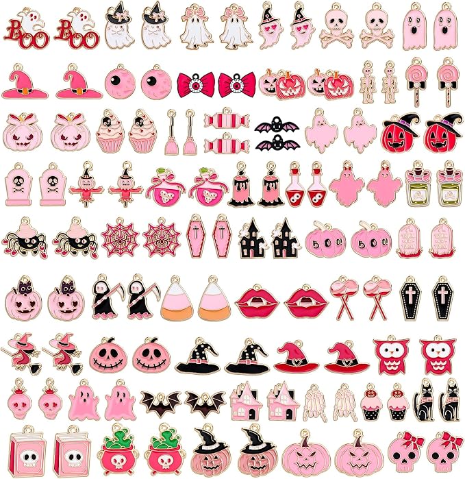 SANNIX 110Pcs 55 Pairs Pink Halloween Charms Bulk Cute Enamel Jewelry Charm | by SANNIX